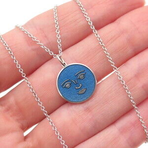 925 Sterling Silver Blue Enamel Moon Face Round Tag Cable Chain Necklace 18"